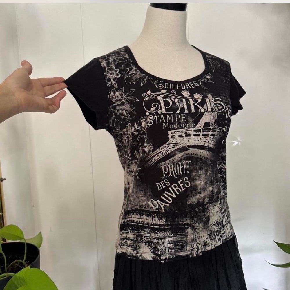 Susan Lawrence Vintage 90s Paris Eiffel Tower Rhinestone Baby Tee Black Large